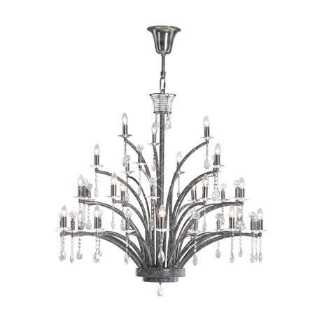 Orlando 21-light E14 chandelier in black chrome, tiered spray-style arms with candle bulbs and clear crystal drops, shown on a plain white background.