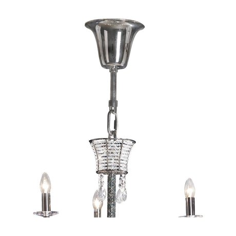Orlando 21 Light E14 Chandelier with black chrome frame and tiered clear crystal detailing, crystal drops hanging beneath a bell-shaped ceiling canopy on a white background.