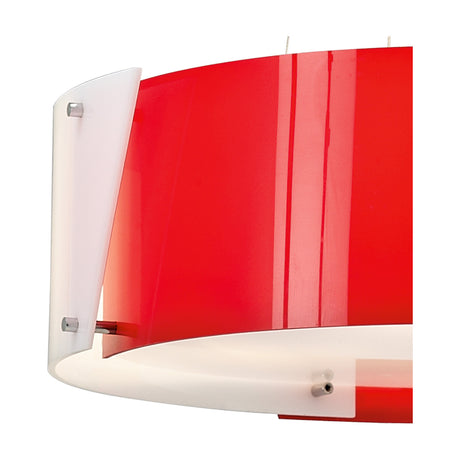 Close-up of the Dakota 4 Light E27 Pendant Light, 57cm, showing a curved acrylic shade in glossy red outside and white inside, mounted with polished chrome brackets.