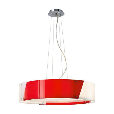 Dakota 4 Light E27 Flush Ceiling Light 67cm in polished chrome, with a round red and opal white acrylic shade suspended on chrome rods against a plain white background.