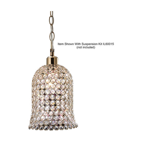 Kudo Lamp Shade 19cm Crystal in French gold, a bell-shaped pendant shade covered in clear crystal beads on a gold fitting, shown suspended on a chain against a white background.