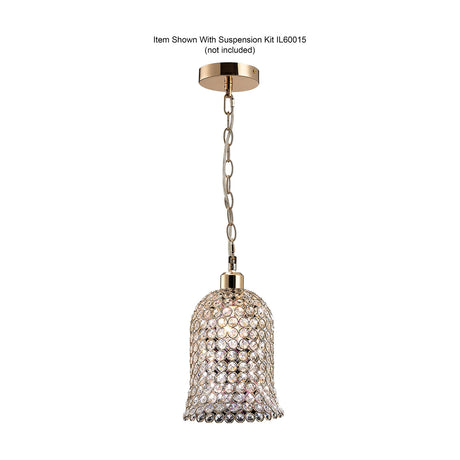 Kudo 19cm crystal lamp shade in French gold, bell-shaped and pavé-set, shown suspended from a matching chain and ceiling rose on a white background.