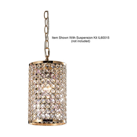 Kudo Cylinder Lamp Shade 15cm in clear crystal with a French gold frame, shown on a suspension chain against a plain white background.