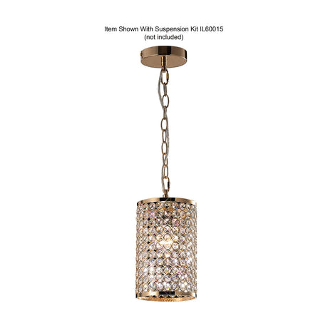 Kudo Cylinder Lamp Shade 15cm in clear crystal with a French gold frame, shown suspended from a chain and ceiling rose on a white background.