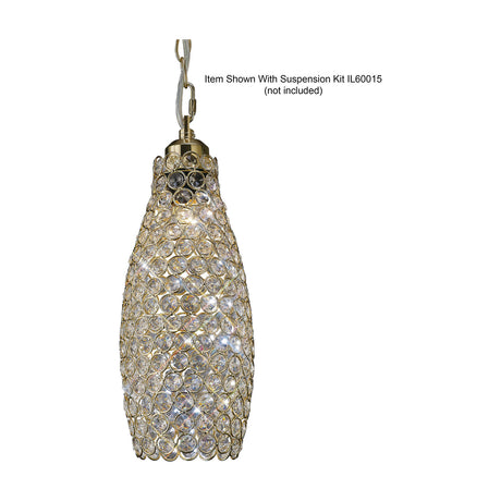 Kudo Lamp Shade 13cm in clear crystal and French gold, a tall slender drum-shaped pendant shade shown on a chain against a plain white background.