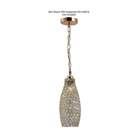 Kudo Lamp Shade 13cm Crystal in French Gold, a tall slender drum-shaped shade in clear crystal on an iron frame, shown suspended from a chain on a ceiling rose against a white background.