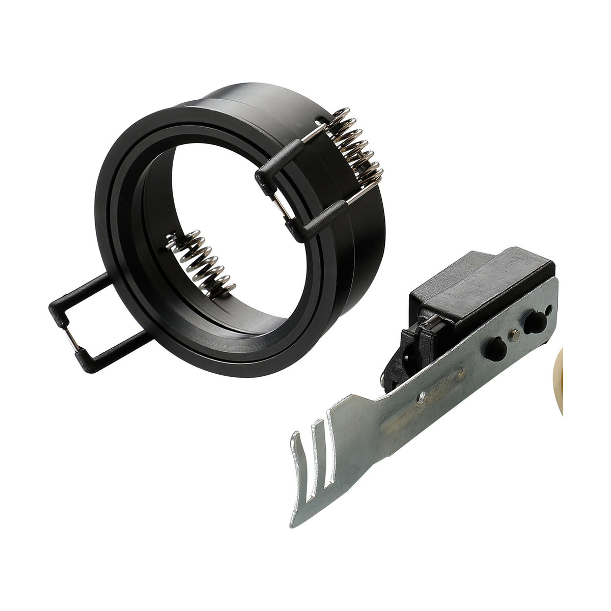 Satin Downlight Component Kit for 62mm cut-out, showing the satin black retaining ring with spring clips and the separate GU10 lampholder with mounting bracket, on a white background.