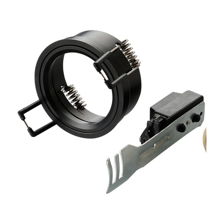 Satin Downlight Component Kit for 62mm cut-out, showing the satin black retaining ring with spring clips and the separate GU10 lampholder with mounting bracket, on a white background.