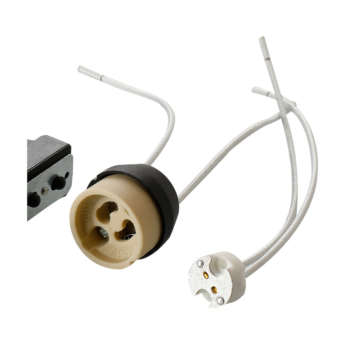 GU10 downlight component kit with ceramic lampholder, black rubber retaining ring, and white flex leads, shown beside a metal mounting bracket on a plain background.