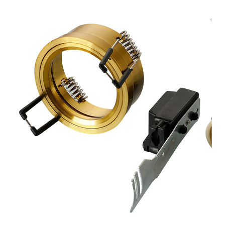 Aged Downlight Component Kit in aged brass, showing the round retaining ring with spring clips for a 62mm cut-out and a separate GU10 lampholder bracket, on a plain white background.