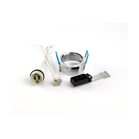 Polished Downlight Component Kit with 62mm cut-out polished chrome ring, spring clips, GU10 lampholder, ceramic connector, and mounting bracket on a white background.