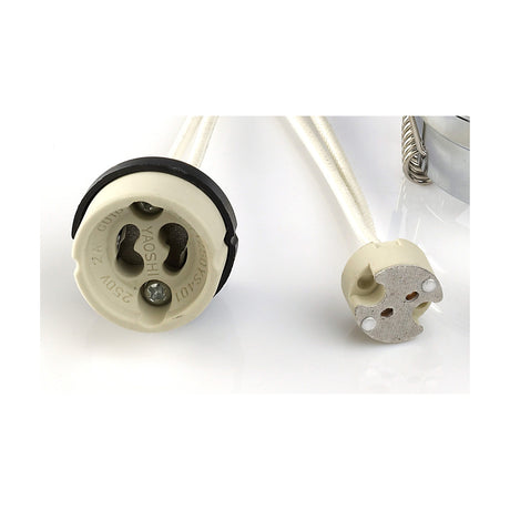 Downlight component kit showing GU10 ceramic lampholder with black retaining ring and separate white MR16 connector, both with visible wiring, on a plain white background.