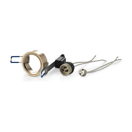 French Downlight Component Kit in French gold with 62mm cut-out ring, spring clips, GU10 lampholder and connector, laid out on a plain white background.