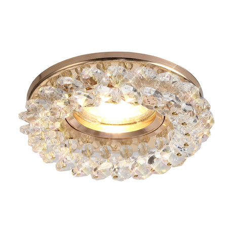 Crystal downlight rim in a round French gold surround with clustered clear crystal detail, 100mm diameter for a 62mm cut-out, shown lit against a white background.