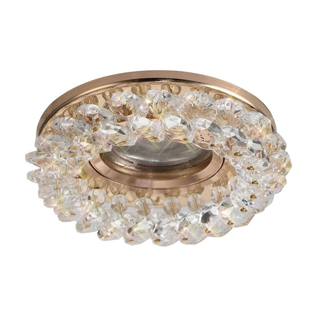 Round downlight rim in French gold finish with clustered clear crystals surrounding the centre bore, shown on a plain white background.