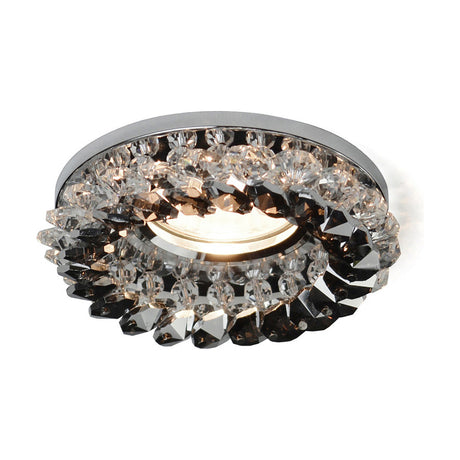 Round downlight rim with smoked crystal cluster and polished chrome frame, 100mm diameter, shown lit against a plain white background.