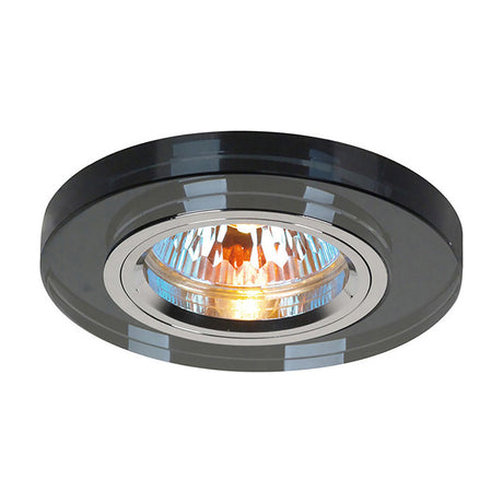 Crystal shallow downlight rim in black, 90mm round faceted trim with 62mm cut-out and chrome bezel around a lit halogen bulb, shown on a plain white background.