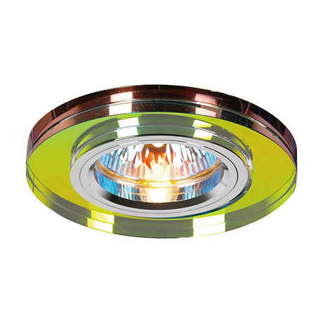 Round crystal downlight rim with 90mm face and 62mm cut-out, spectrum multicoloured finish, shown lit with chrome inner trim on a white background.