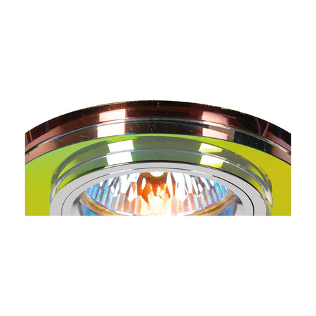 Close-up of the Crystal Shallow Downlight Rim, 90mm round cut crystal trim with spectrum multicoloured finish, shown lit with a chrome bulb holder on a plain white background.