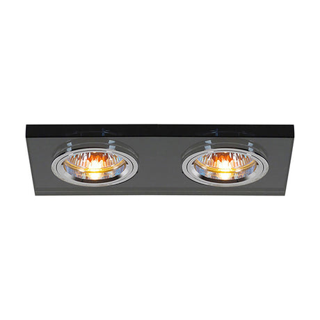 Rectangular black crystal downlight rim with two lamp positions and chrome trims, 175mm x 90mm, shown lit against a white background.