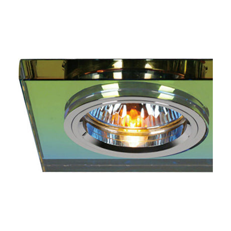 Crystal downlight rim, 62mm cut-out, rectangular Spectrum-finish crystal edge with a chrome light head showing multicoloured facets, close-up on a plain background.