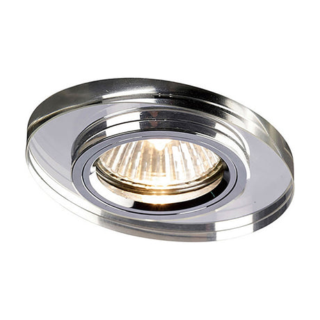Crystal oval downlight rim in clear glass with faceted edge, shown fitted over a chrome GU10 lampholder on a white background.