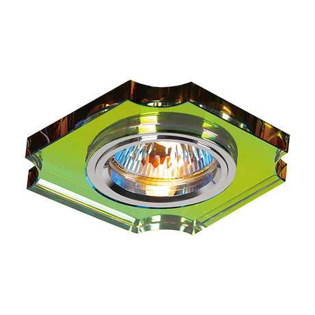 Crystal downlight rim with a square concave-corner profile in Spectrum multicoloured finish, chrome inner ring and halogen bulb, shown on a plain white background.