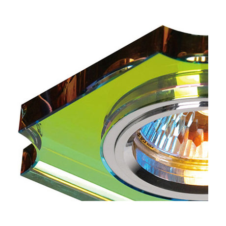 Close-up of the Diyas Crystal Downlight Rim in Spectrum finish, showing the concave-cut crystal edge with multicoloured reflections around a chrome bulb fitting, on a plain white background.