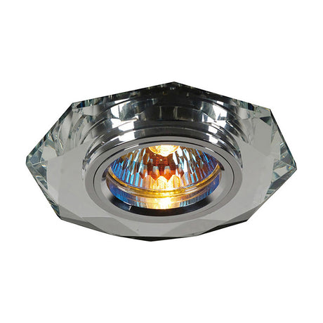 Octagonal clear crystal downlight rim with faceted edges, 10cm diameter, shown on a plain white background with a lit chrome bulb fitting at its centre.