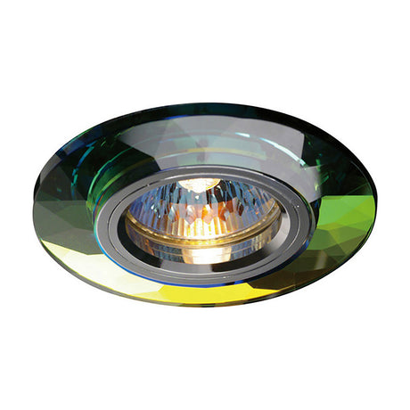 Round crystal downlight rim in Spectrum finish, 95mm bevelled glass edge with a chrome inner bezel and lit bulb, shown on a plain white background.
