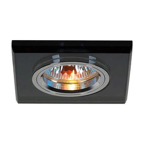 Square black crystal downlight rim with chrome inner trim and lit halogen bulb, 90mm face, 62mm cut-out, shown on a plain white background.