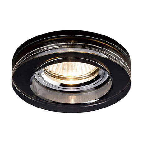 Round black cut crystal downlight rim, 90mm diameter with 62mm cut-out, chrome inner ring and lit bulb visible, shown on a plain white background.