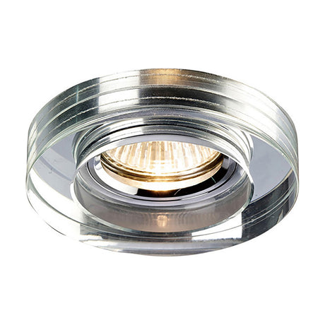 Crystal round downlight rim, 90mm clear cut crystal bezel over a chrome light fitting with visible bulb, shown on a plain white background.