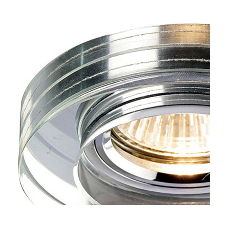 Close-up of the Crystal Round Downlight Rim, 90mm clear cut crystal bezel with chrome inner ring, GU10 bulb visible, on a white background.