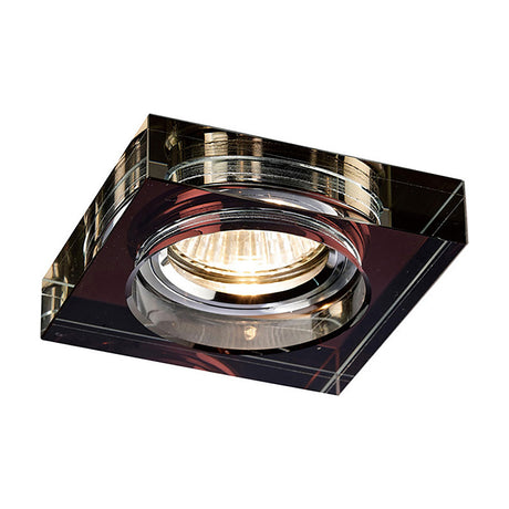 Square crystal downlight rim in deep purple with chrome trim and lit bulb, 90mm face over a 62mm cut-out, shown on a plain white background.