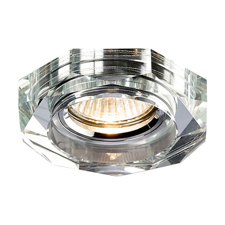 Crystal downlight rim in a deep octagonal cut, clear glass with angled faceted edges, 90mm diameter for a 62mm cut-out, shown with GU10 bulb on a plain white background.