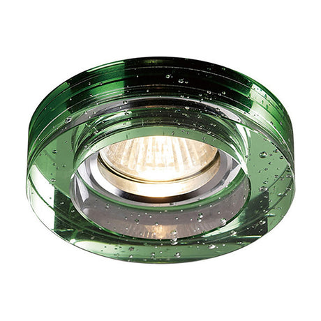 Round green crystal downlight rim with bubbled glass texture, 95mm diameter over a 62mm cut-out, shown with GU10 bulb on a white background.