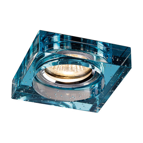 Square crystal downlight rim in aqua with a bubbled, rippled surface, 90mm face and 62mm cut-out, shown lit with a bulb inside, on a plain white background.