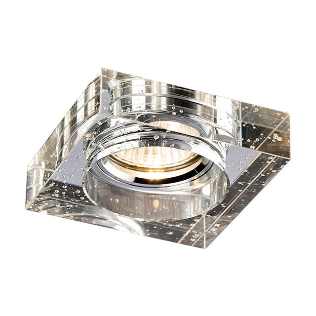 Crystal Square Downlight Rim Bubble in clear, a square-shaped bubbled crystal downlight surround with a chrome inner ring and lit bulb, shown on a plain white background.