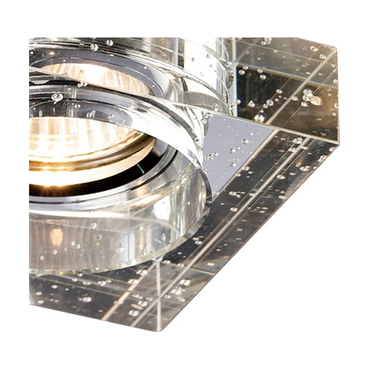 Close-up of the Crystal Square Downlight Rim in clear bubbled crystal, showing the square-edged rim and central lamp opening with chrome trim.