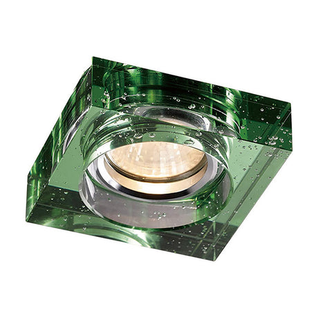 Square crystal downlight rim in green bubbled glass, 90mm face with 62mm cut-out, fitted with a chrome lampholder and warm bulb, shown on a white background.