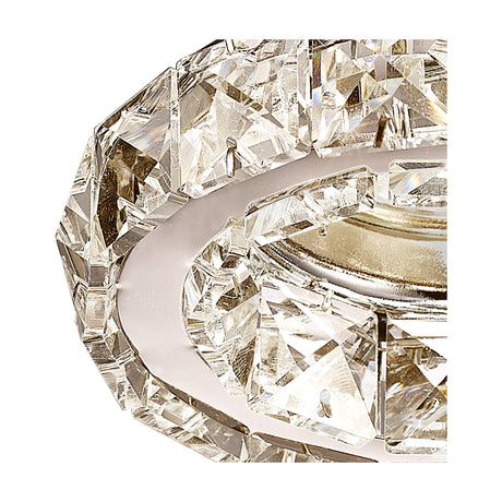 Close-up of the Galaxy Round Downlight showing clear crystal facets set into a polished chrome bezel with GU10 fitting visible, 10cm dia, 60mm cut-out.
