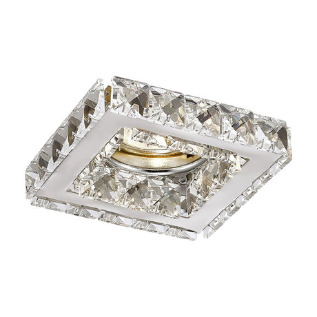 Galaxy Downlight square recessed fitting with polished chrome frame and clear crystal trim around a GU10 aperture, shown on a plain white background.