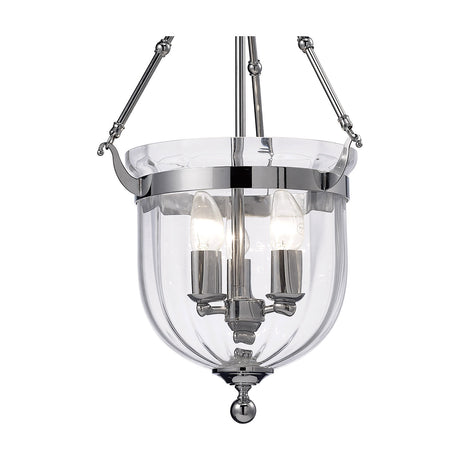 Aubrey 3 Light E14 Pendant Light 36cm in polished chrome, featuring a clear glass bell shade with three candle lamps and chrome ceiling rods on a white background.