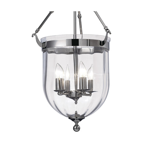 Aubrey 4 Light E14 Pendant Light 39cm in polished chrome, bell-shaped clear glass shade with visible candle bulbs and chrome finial, on a plain white background.