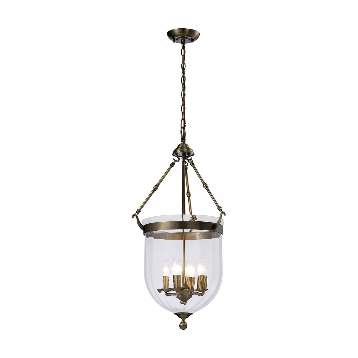Aubrey 4 Light E14 Pendant Light 39cm in antique brass, with a clear bell-shaped glass shade revealing four candle-style bulbs, suspended on a chain against a plain white background.