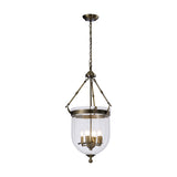 Aubrey 4 Light E14 Pendant Light 39cm in antique brass, with a clear bell-shaped glass shade revealing four candle-style bulbs, suspended on a chain against a plain white background.