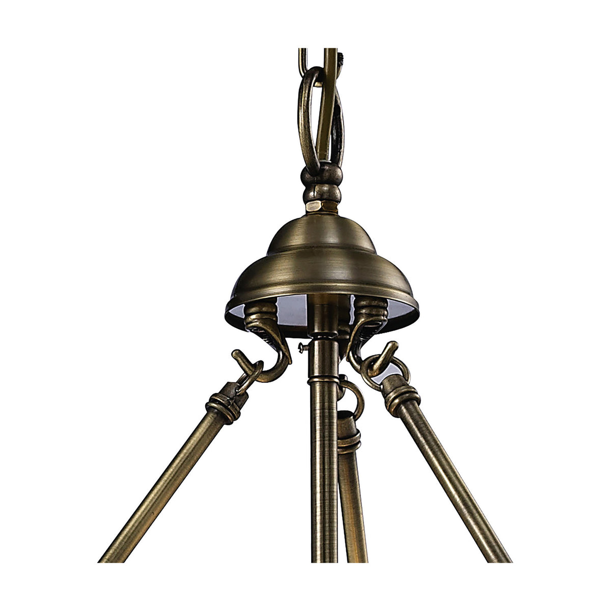 Close-up of the Aubrey 4 Light E14 Pendant Light in antique brass, showing the central hub with hooks and arms extending to hold clear glass shades, on a plain white background.