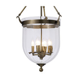 Aubrey 4 Light E14 Pendant Light 39cm in antique brass, with a clear glass bell shade, four exposed candle bulbs on branched arms, and a decorative finial, shown on a plain white background.