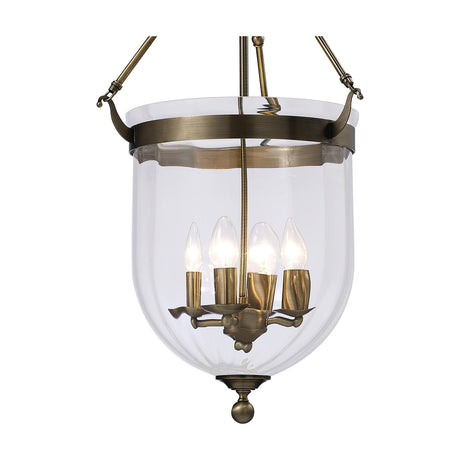 Aubrey 4 Light E14 Pendant Light 39cm in antique brass, with a clear glass bell shade, four exposed candle bulbs on branched arms, and a decorative finial, shown on a plain white background.